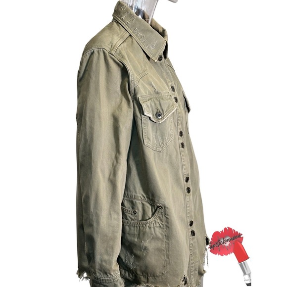 Free People Moonchild Military Shacket Med Green Denim Shirt Jacket Distressed - Picture 4 of 16